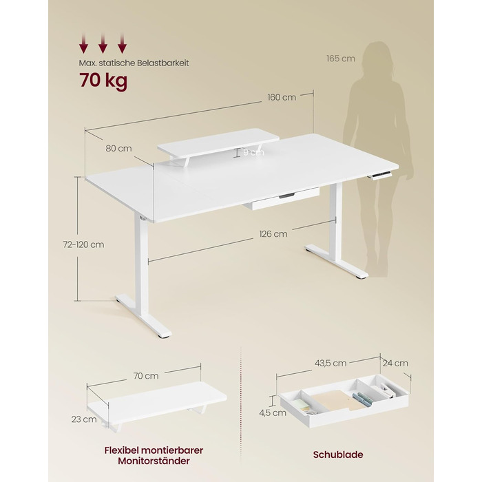 Регульований стіл VASAGLE з підставкою для монітора, шухлядою та USB-C, нагадування про перерви, 160 x 80 см, Wolkenweiß