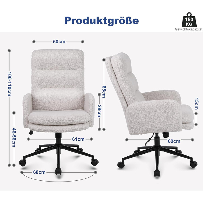 Крісло для дому та офісу Youhauchair з кашеміру, ергономічне, з високою спинкою, регульована висота, кремовий колір