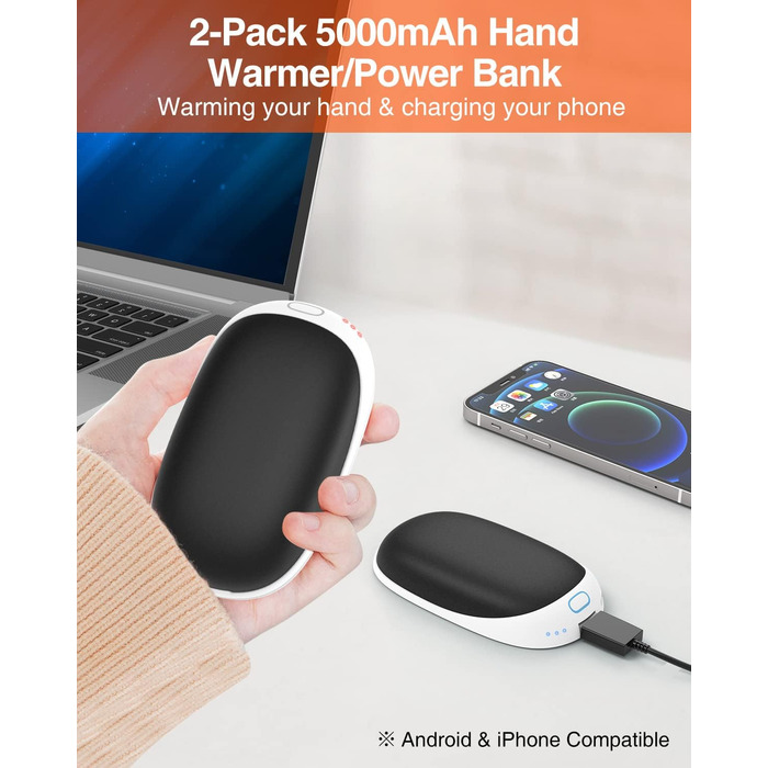 Jonwall Електричний нагрівач рук 2 шт. 5000mAh, перезарядна батарея, магнітний, портативний, USB Powerbank, подарунок для жінок та чоловіків, чорний