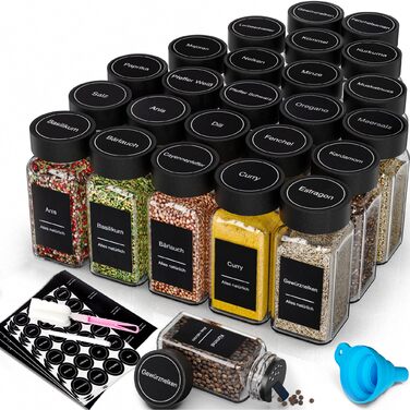Набір баночок для спецій на 24 шт. (120 мл) – чорний, з кришками, ситечком, воронкою та 340 етикетками | Органайзер для спецій