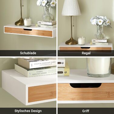 Полиця настінна SoBuy з шухлядою - біла та дерев'яна, 60x24x8 см. Сучасна настінна полиця для вітальні, спальні, коридору FRG93-WN