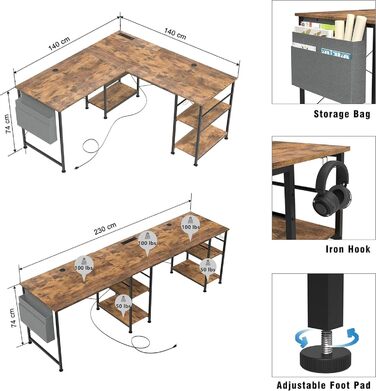 Ігровий кутовий стіл L-подібної форми з LED-підсвічуванням та розетками, 140x140 см, реверсивний комп'ютерний стіл з підставкою для монітора, 4 полиці та бічні кишені для дому та офісу (колір: коричневий, розміри: 140x140x74 см)