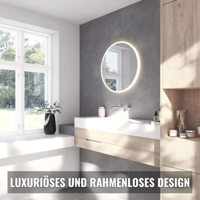 Дзеркало для ванної кімнати Loevschall Atlas з підсвічуванням, кругле, 60 см, без рами, сенсорне керування, LED-підсвічування, регульована яскравість, 60x60 см