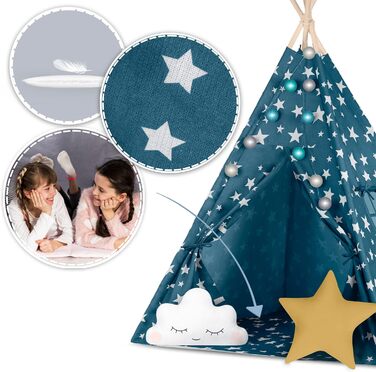 Дитячий намет NUKIDO Tipi з бавовни та дерев'яним каркасом, блакитний, 120x120x165 см