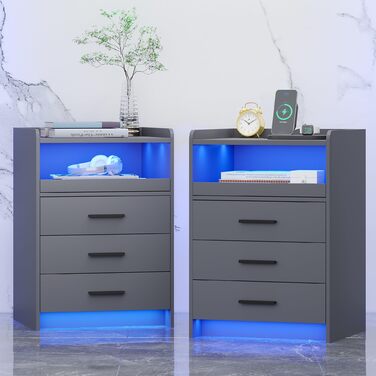 Нічний столик FREDEES з LED-підсвічуванням, ящиком та зарядкою, сірий (2 шт.)