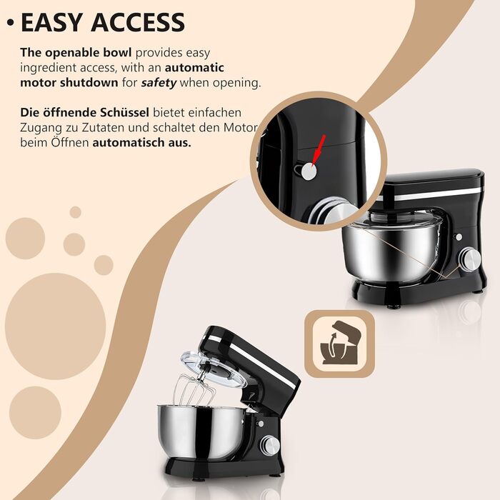 Кухонна машина Retoo 3-в-1 з нержавіючою чашею 6 л, 2000 Вт, 6 швидкостей, планетарний міксер, вінчик, гак для тіста, захист від бризок