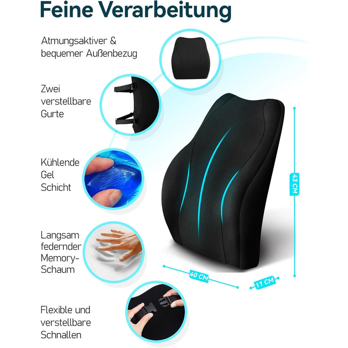 Подушка для спини Ergonomisches RückenKissen Travel Ease з гелевою піною Memory Foam, для офісного крісла, з антистатичним, приємним до шкіри чохлом, для комфортної посадки (Чорний)
