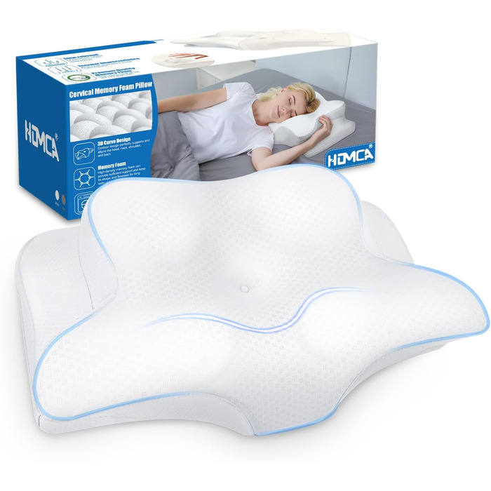 Подушка для шиї HOMCA Memory Foam, ергономічна, 3D чохол для охолодження, для всіх положень сну, 62x48/10 см