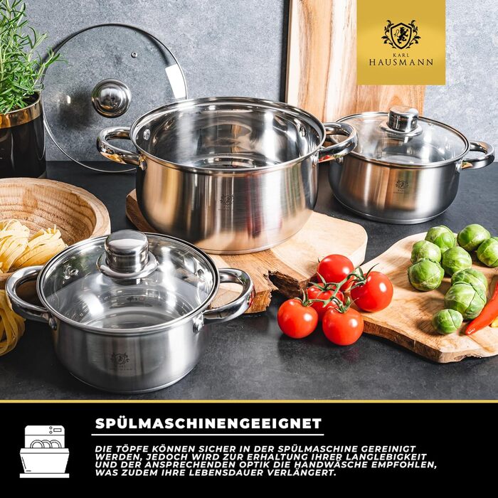 Набір каструль Karl Hausmann з нержавіючої сталі (індукційні) 3 шт. - для всіх типів плит - з кришкою з термостійкого скла - з мірною шкалою