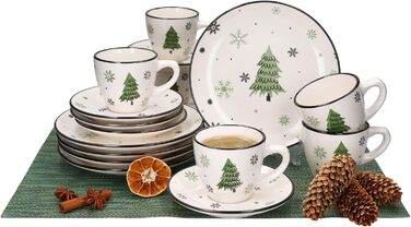 Кавовий сервіз MamboCat на 6 осіб з різдвяним декором (18 предметів) | Керамічний сервіз з прикрасами ялинки та сніжинок