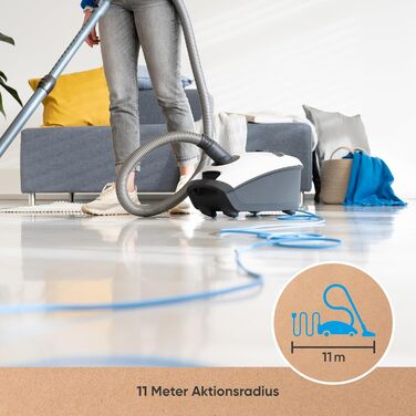 Пилсос Hoogo B3+ з мішком | Пилсос для підлоги | Потужний, з HEPA-фільтром, 850 Вт, радіус дії 11 м, тихий (74 дБ), об'єм пилозбірника 3 л, з набором насадок, білий, з кабелем