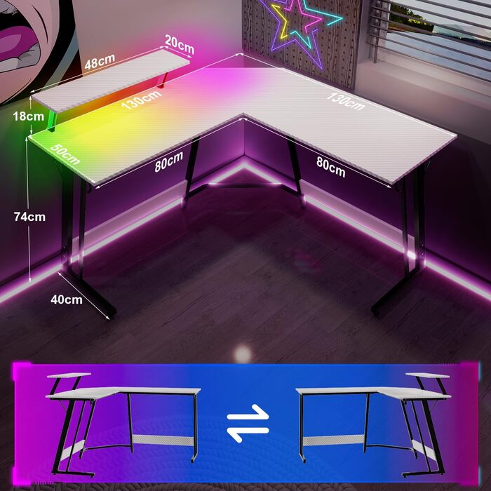 Ігровий кутовий стіл Devoko 130x130 см з LED RGB-підсвіткою, підставкою для монітора та гачком для навушників, карбоновий білий