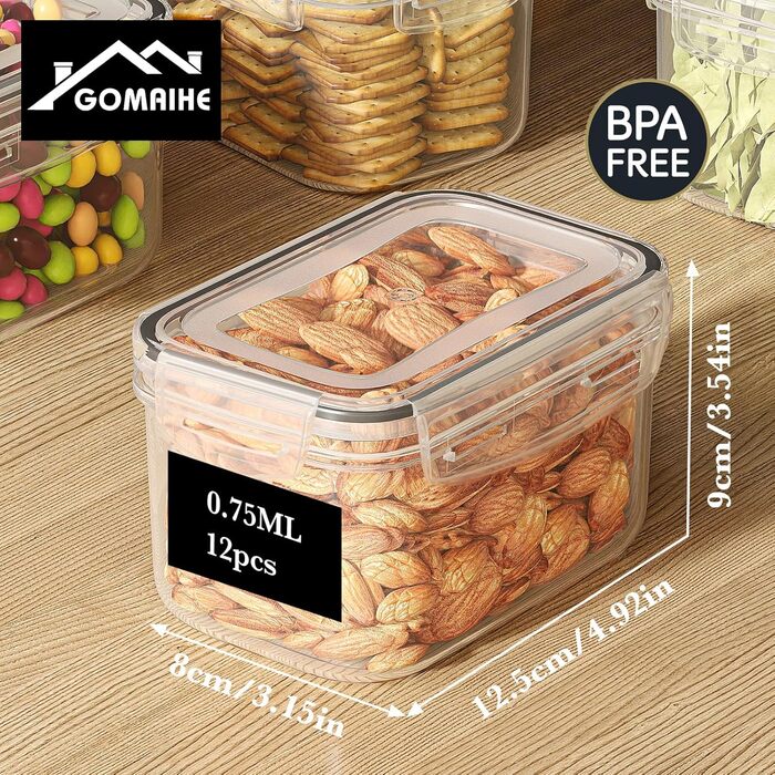 Набір контейнерів для зберігання GoMaihe 12 шт: герметичні, 800 мл, з етикетками, чорні. Ідеально для продуктів, цукру, спецій. Без BPA, можна мити в посудомийній машині.