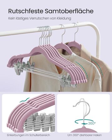 Плечики SONGMICS для одягу, 20 шт., велюрові, для штанів, пальто, суконь, 42,5 см, з регульованими кліпсами, неслизькі, економні, CRF012B20