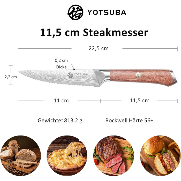 Набір кухонних ножів YOTSUBA Profi з дерев'яним блоком та точилкою, ножиці, набір кухонних ножів з нержавіючої сталі, набір кухонних ножів для кухні (ніж для стейка - 6 шт)