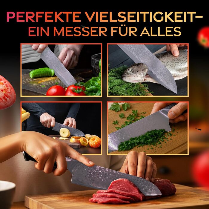 Японський кухонний ніж Damast 20 см з високоякісної сталі 67 шарів, ергономічна ручка G-10, подарункова упаковка (Santoku)