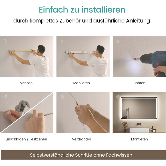 Дзеркало для ванної кімнати EMKE з підсвічуванням 40x60 см LED, антизапар, холодний/теплий білий, з кнопкою, алюмінієва рама, IP44, енергозберігаюче