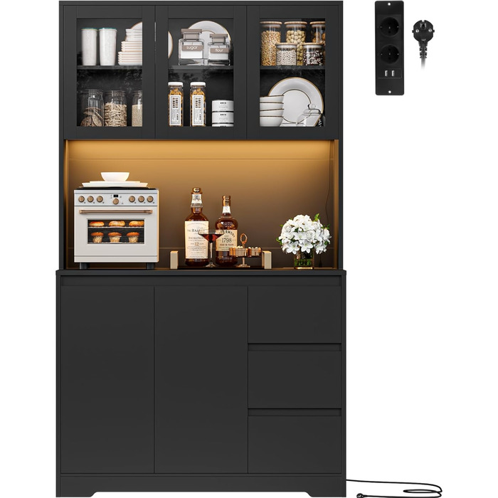 Чорний кухонний буфет з LED-підсвіткою, стільницею та 3 висувними ящиками, 180x100x38.5 см