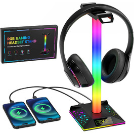 Кронштейн для гарнітури HCMAN RGB з 2 USB, світлодіодна підставка для навушників для ПК-геймера, чорний