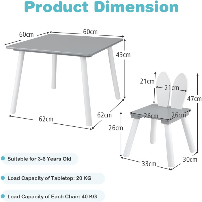 Дитячий стіл LIFEZEAL з 2 стільцями, спинка для вух кролика, дерев'яні дитячі меблі, сірий