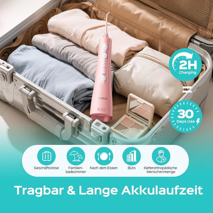 COSLUS Електрична душова насадка бездротова: 20 бар, IPX7, водонепроникна, 4 режими для гігієни порожнини рота, 5 інтенсивностей (Рожева)