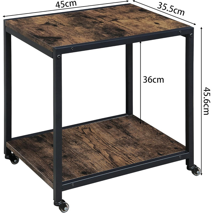 Двоярусний стіл для принтера Padma House з універсальними роликами 45 x 35 см, мобільний, з дерева та металу. Підставка для принтера, офісна візка для зберігання документів, сумісна з копіювальними машинами, сканерами, факсом. SZCJ-20401-BK (Rustikal Brau