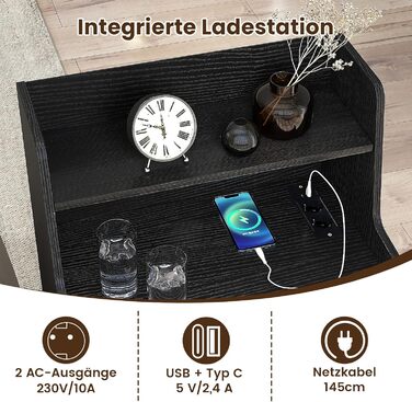 Нічний столик COSTWAY з LED-підсвіткою та зарядкою, 2 шухляди, відкриті полиці, пульт дистанційного керування, 45 x 35 x 72,5 см (Чорний)