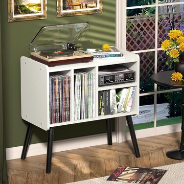 Стіл для програвача вінілу, підставка для програвача в стилі середини століття з місцем для зберігання до 150+ платівок, шафа для вінілових платівок з регульованими полицями (білий)