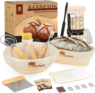 Набір для приготування закваски для початківців: бродові корзини (22.9 см та 25.4 см), склянка для закваски 1000 мл, аксесуари для випічки з індонезійського ротангу