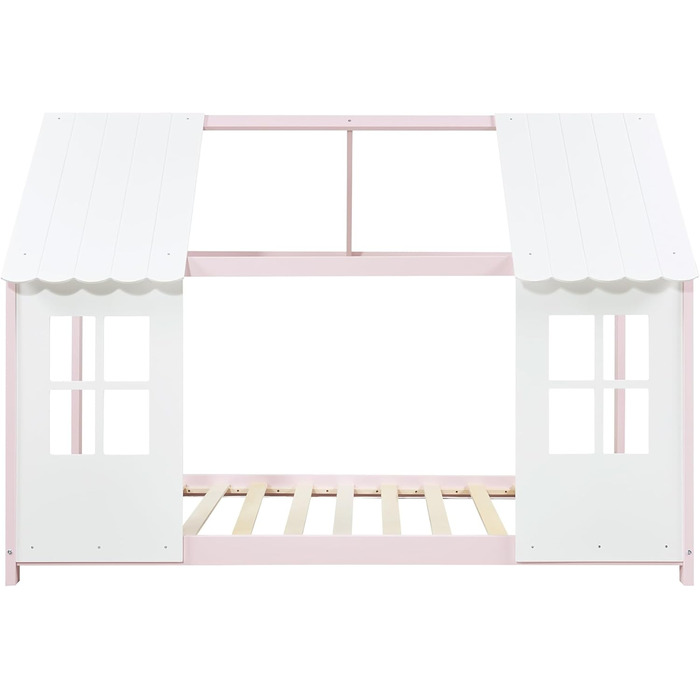 Дитяче ліжко Tostedt: хатинка, ліжко-ігровий будиночок, ліжко для підлітків, модель Bettenhaus, напіввідкрите дизайну, ліжко Монтессорі з масиву сосни, 120x200 см, рожево-біле