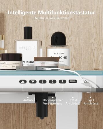 Електричний письмовий стіл Homall зі скляною стільницею, 140x70 см, з регулюванням висоти та шухлядою, білий, для дому та офісу