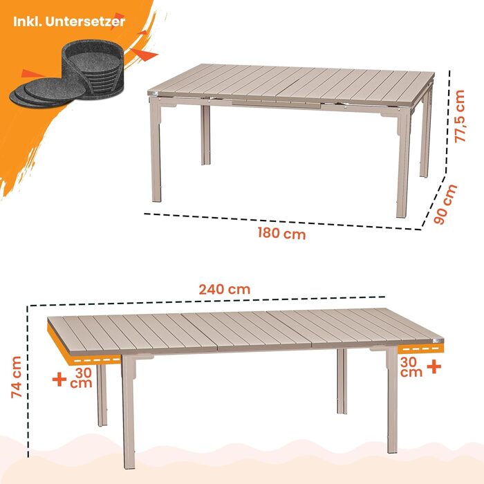 Розсувний садовий стіл KESSER® 180/240x90 см, на 8 осіб, з металевим каркасом та стільницею з HDPE, вологостійкий, UV-стійкий, з 6 підставками
