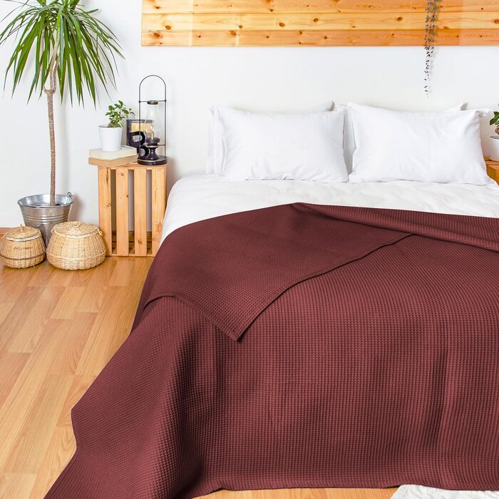Плед LAYNENBURG Premium 180x220 см, вафельна тканина, 100% бавовна, теплий плед для ліжка, дивана, софи, махагон