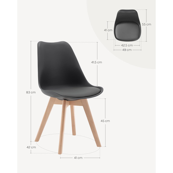 WOLTU Комплект з 4-х кухонних стільців, скандинавський дизайн, штучна шкіра, масивні дерев'яні ніжки, до 150 кг, сірий