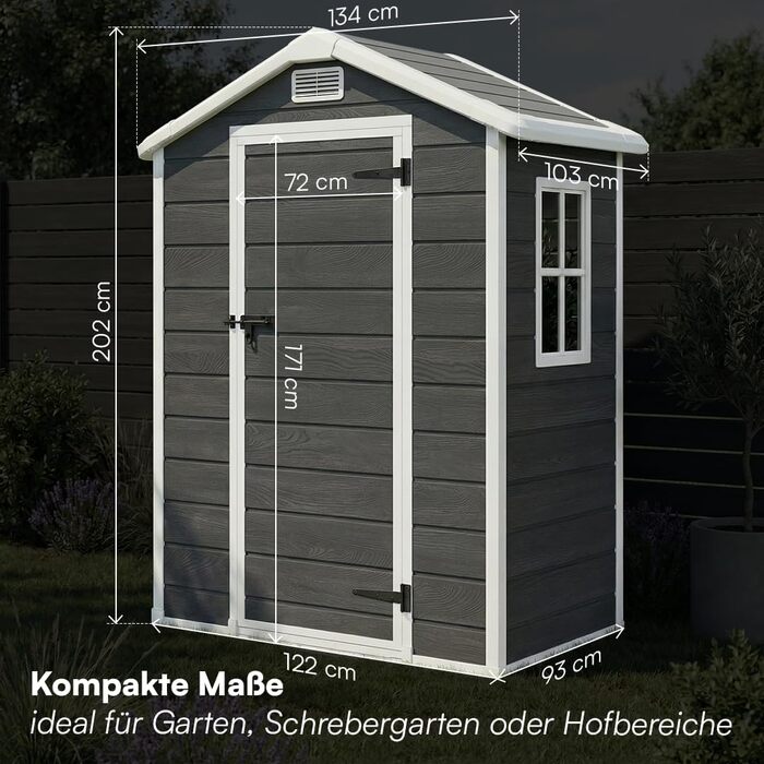 Садовий будиночок STEELSØN Novara 192x92x151 см – пластиковий сарай для інструментів з вікном, стійкий до погодних умов, темно-сірий
