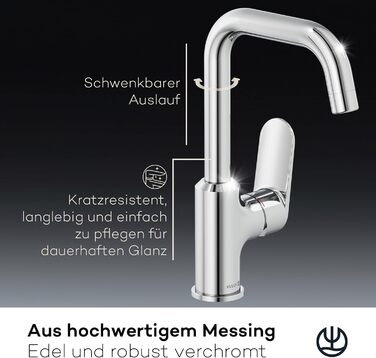 Змішувач для умивальника KLUDI-X1 з витяжним корком, поворотний на 360°, висота виливу 205 мм, водозберігаючий, розмір L, з підключувальними шлангами (без зливної арматури, хром)