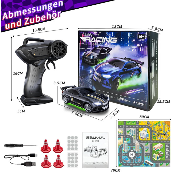 RC Дрифт-кар Mini Drift 1/64 з LED підсвіткою, 2 режими швидкості, чорний. Радіокерована іграшка для дітей та дорослих з перешкодами та килимком для перегонів