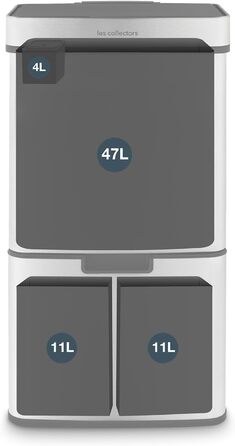 Сміттєвий бак Les Collectors з нержавіючої сталі, 69 л, 3 відсіки (47+11+11 л), автоматичне відкриття, інфрачервоний датчик, тиха закриття, дизайн з нержавіючої сталі
