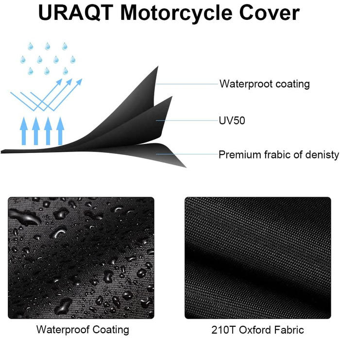 Брезент для мотоцикла URAQT відкритий, чохол для мотоцикла водонепроникний водонепроникний XL 210T захист від ультрафіолетового випромінювання від пилу стійкий до розриву з отвором для захисту від крадіжки і вітрозахисної застібки дизайн 230X95X125 см XL(