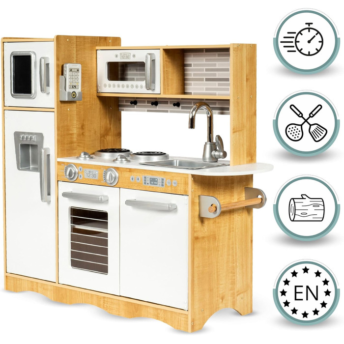 Дерев'яна дитяча кухня Mamabrum з LED-підсвічуванням та аксесуарами - 15 частин. Комплект: плита, духовка, мікрохвильова піч, холодильник, кран та іграшкова кухонна утвар для дітей