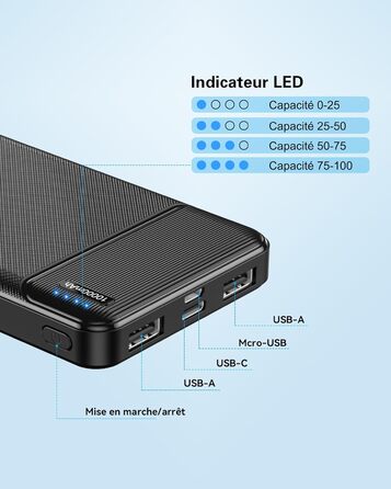 Набір AsperX Power Bank з 2 шт. , 10000 мАг (вхід/вихід USB-C) Тонкий зовнішній акумулятор, чорний/білий