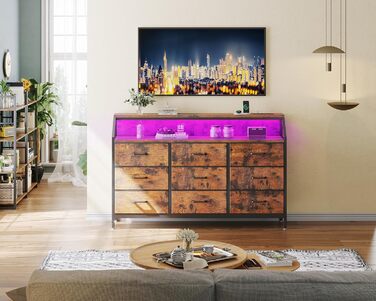 Комод ODK з висувними ящиками, 9 тканинних ящиків, 2 розетки, 2 USB-порти, LED-підсвітка, для спальні/вітальні, вінтажний стиль