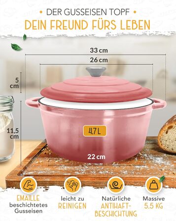 Форма для випікання хліба з чавуну з кришкою Krustenzauber - 28 см, рожева, 4.7л