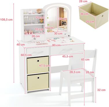 Дитячий туалетний столик DREAMADE для дівчаток з LED-підсвіткою, дерев'яний столик принцеси з відкритими полицями та 5 шухлядами, білий, від 3 років