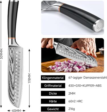 Ніж Sunnecko Дамаск 20см: професійний кухонний ніж з високоякісної сталі Дамаск - гострий ніж для м'яса, стейків, овочів. Ідеальний подарунок для кухаря.