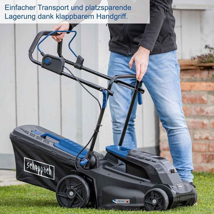 Акумуляторний газонокосарка Scheppach BC-MP380-X | Ширина косіння 38 см | для площі 450-500 м² | Об'єм кошика 45 л | Висота стрижки 25-75 мм | Brushless | 20V-IXES | 10 років гарантії | 2x4Ah акумулятор та швидка зарядка