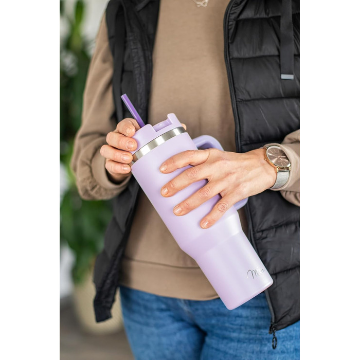 Термокружка Milu 1200 мл з трубочкою та ручкою – подарунок на Пасху для жінок та чоловіків | Подарунок тато, мама, друг, подруга | Подарунок на День батька, День матері | Подарунок для дідуся та бабусі (ліловий)