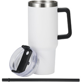 Кружка Olerd з кришкою, соломинка, нержавіюча сталь, вакуумована кружка для кави та морозива, ручка, двостінна дорожня кружка (біла)
