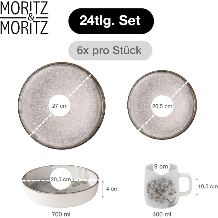 Набір посуду Moritz & Moritz BLOSSOM 24 предмети на 6 осіб - сучасний керамічний сервіс з квітковим дизайном, тарілки, чашки, миски