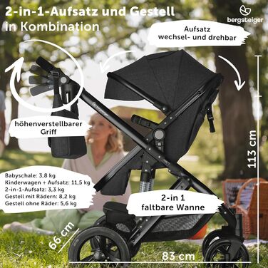Дитяча коляска Bergsteiger Nizza 3 в 1 (сірий колір), комплект: автокрісло, люлька, прогулянковий блок та Isofix база, чорне шасі